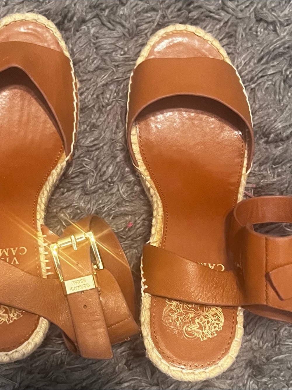 Vince Camuto Cognac Leather Espadrille Wedge Sandals - Picture 2 of 6